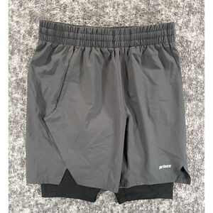 Prince Mens 2-in-1 Tennis Shorts Small Gray Black Athletic Lined Wicking 8”